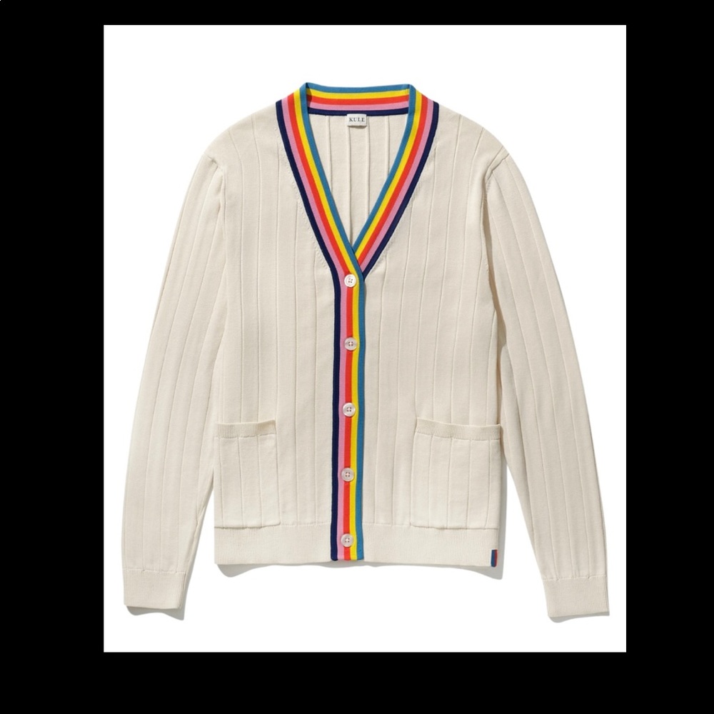 NEW $395 KULE "The Binx" Rainbow Stripe Trim Knit Cardigan, Sold Out